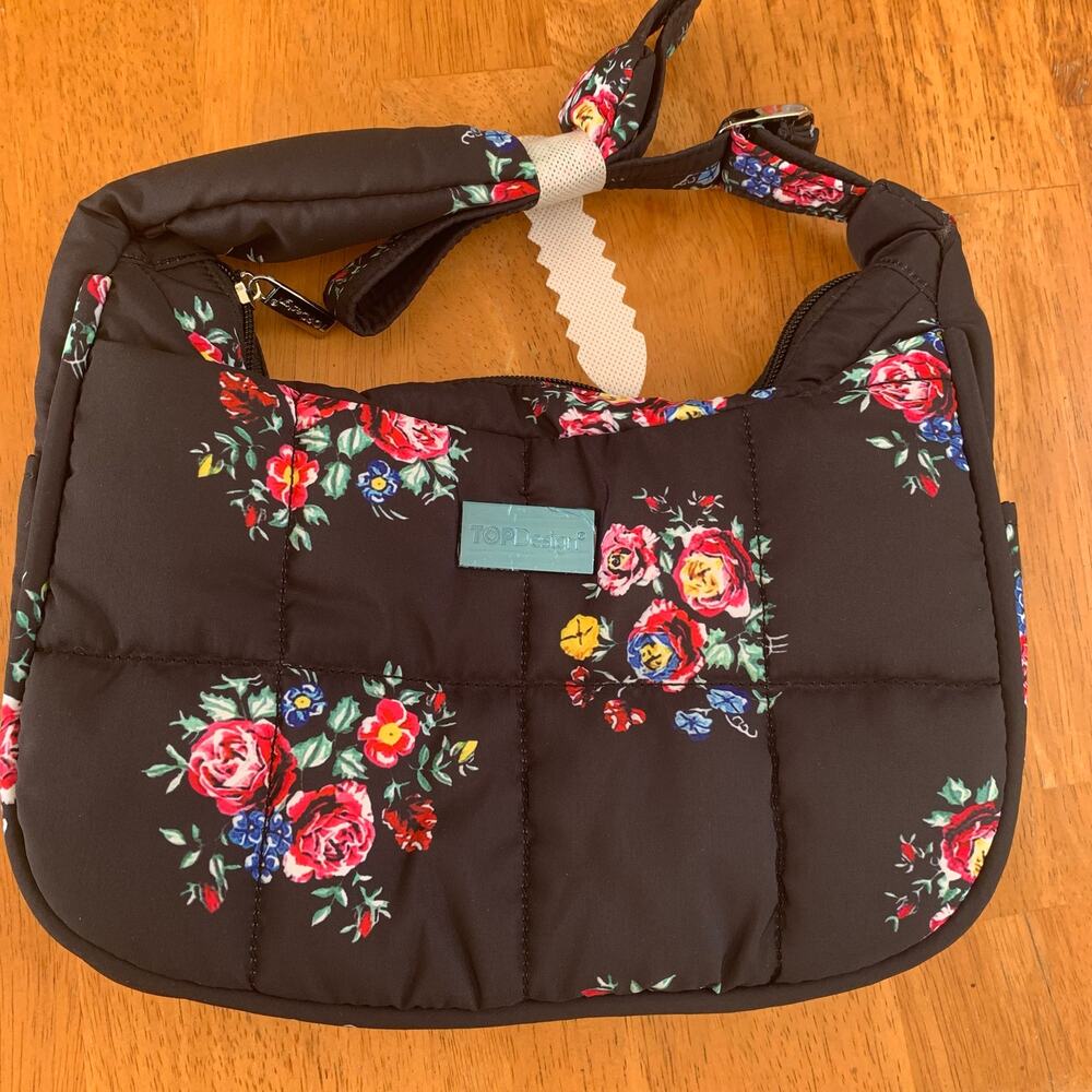 TOP Design Quilted Floral Shoulder Bag – Black with Multicolor Roses